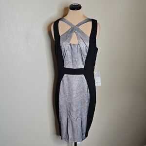 NWT JAX Black and White 14 Sheath Dress With Cut Out neckline,  Fishnet Detail